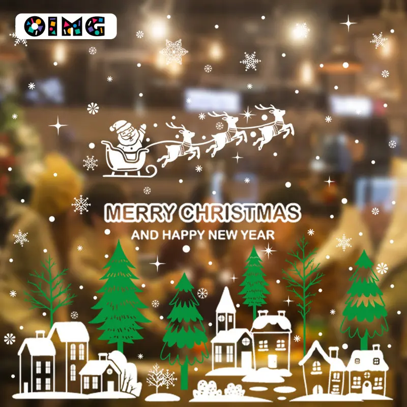 Oimg Christmas Window Sticker Cartoon Wooden House Electrostatic Stickers 2023 Christmas Shopping Mall Window Noël Sticker