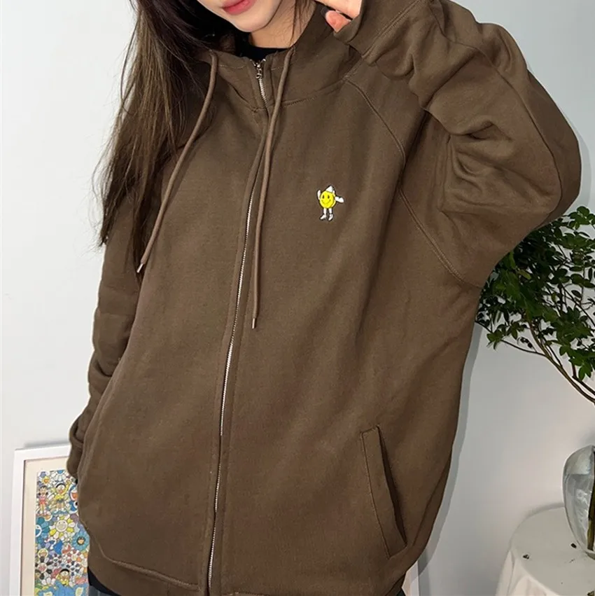 Brown Cavempt C.E Felpa Con Cappuccio Uomo Donna Felpa Con Ricamo Viso Sorridente Cav Empt Pullover Manica Lunga