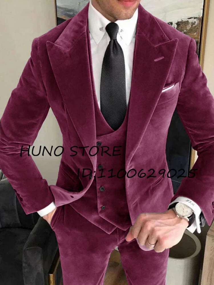 Completo Da Uomo 3 Pezzi Set Spike Collar Monopetto Smoking Wedding Groomsmen Blazer In Velluto Maschile Abito Uomo