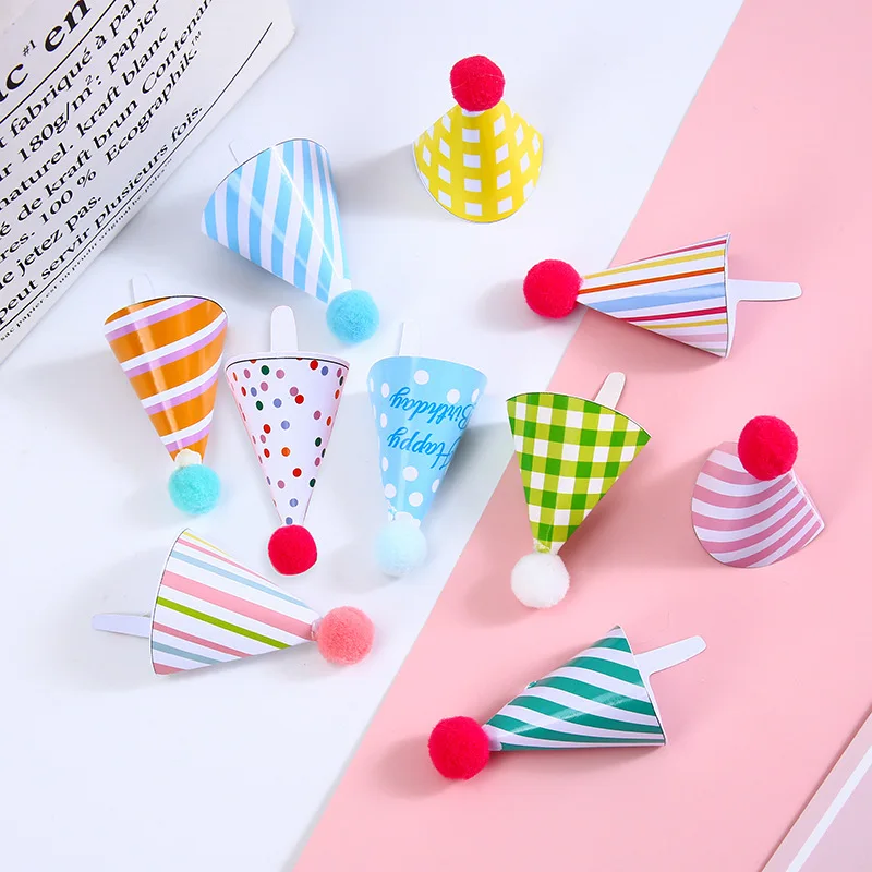 Mini Cake Hats Happy Birthday Cake Toppers Felt Ball Conic Cap Cupcake Topper Festa Di Compleanno Baby Shower Dessert Decoration