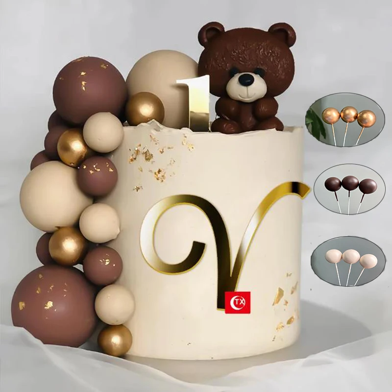 5Pcs Happy Birthday Cake Toppers Coffee Skin Beige Sand Retro Brown Balls Cake Topper Stand Per Baby Shower Birthday Cake Decor
