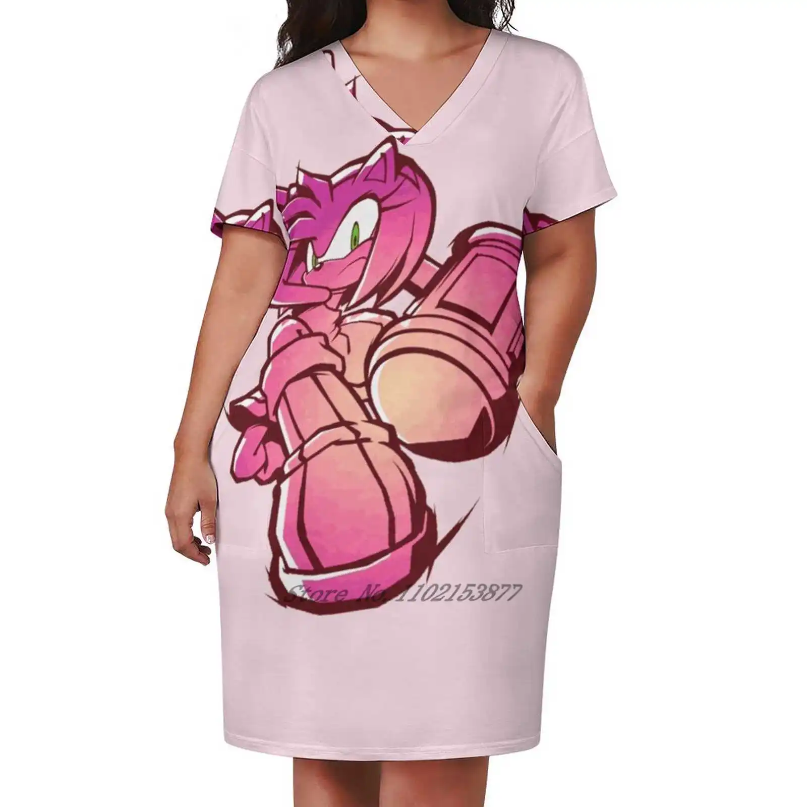 Amy Loose Pocket Dress Print Short Sleeve Dresses V-Neck Dress 5Xl Shadow The Hedgehog Tails Amy Knuckles Silver Heroes Metal