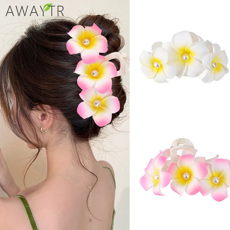Awaytr 12Cm Pearl Plumeria Flower Hair Clip Claws Hair Crab For Women Barrettes Forcine Donna Summer Fashion Accessori Per Capelli