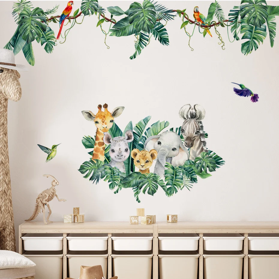 Cartoon Cute African Animals Elephant Lion Leaves Wall Stickers For Kids Room Baby Room Decor Home Decor Decalcomanie Da Parete Art Murals