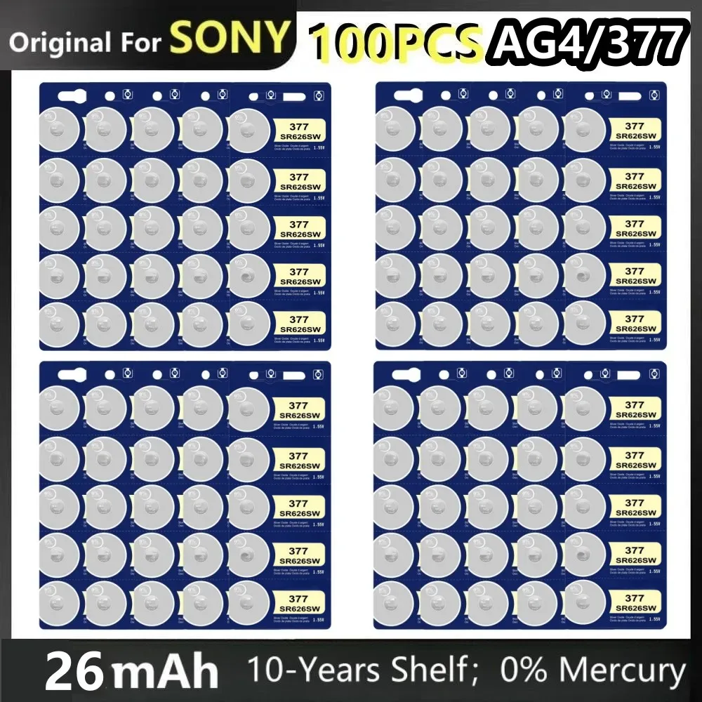 100 Pz Originale Per Sony 377 Ag4 Batterie A Bottone 177 376 626A Lr66 Lr626 Cella Moneta Alcalina Sr626Sw Sr626 Per Orologio Giocattoli Orologio