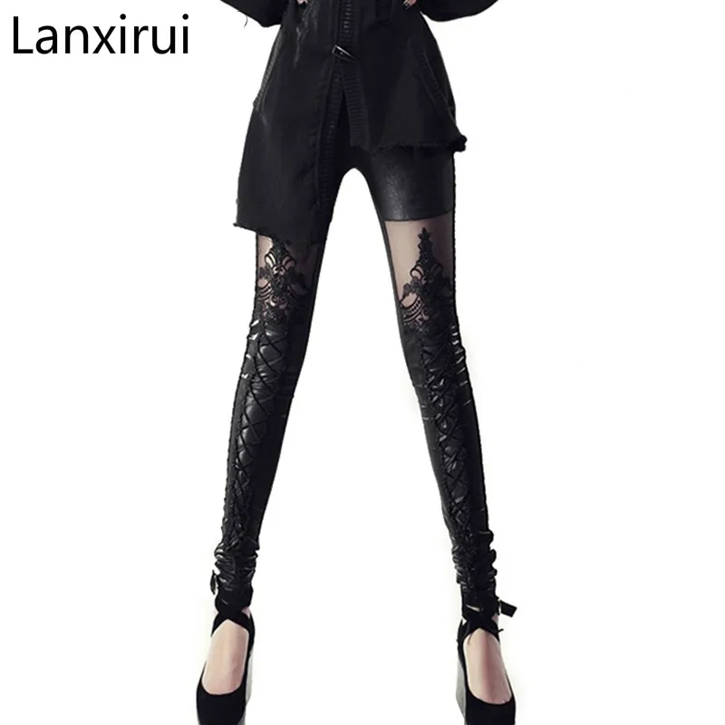 Leggings Da Donna In Pelle Patchwork Di Pizzo Fitness Leggins Punk Rock Sexy Lace Up Gothic Black Jeggings Pants Nuovo