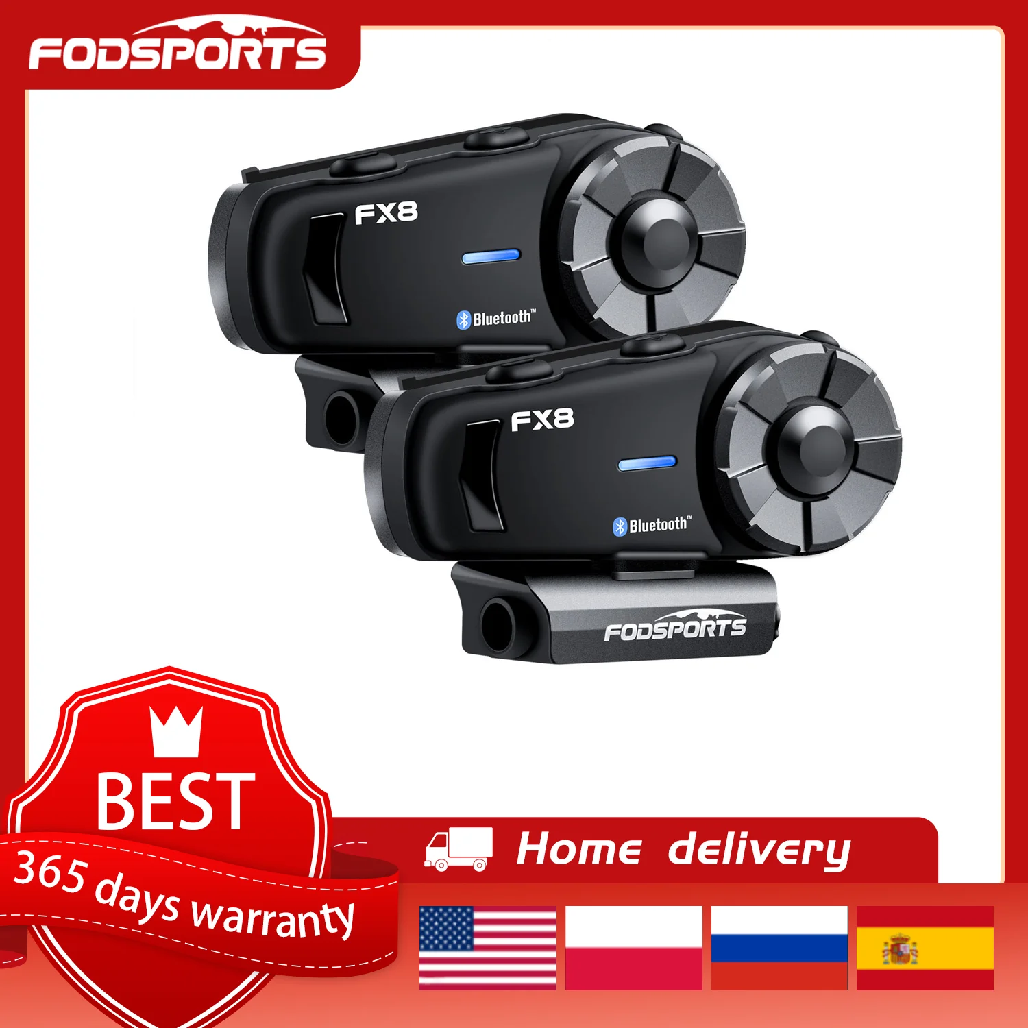 Fodsports Fx8 Interfono Per Casco Da Moto 8Riders 2000M Auricolare Bluetooth Wireless Intercomunicador Intercom Impermeabili Radio Fm
