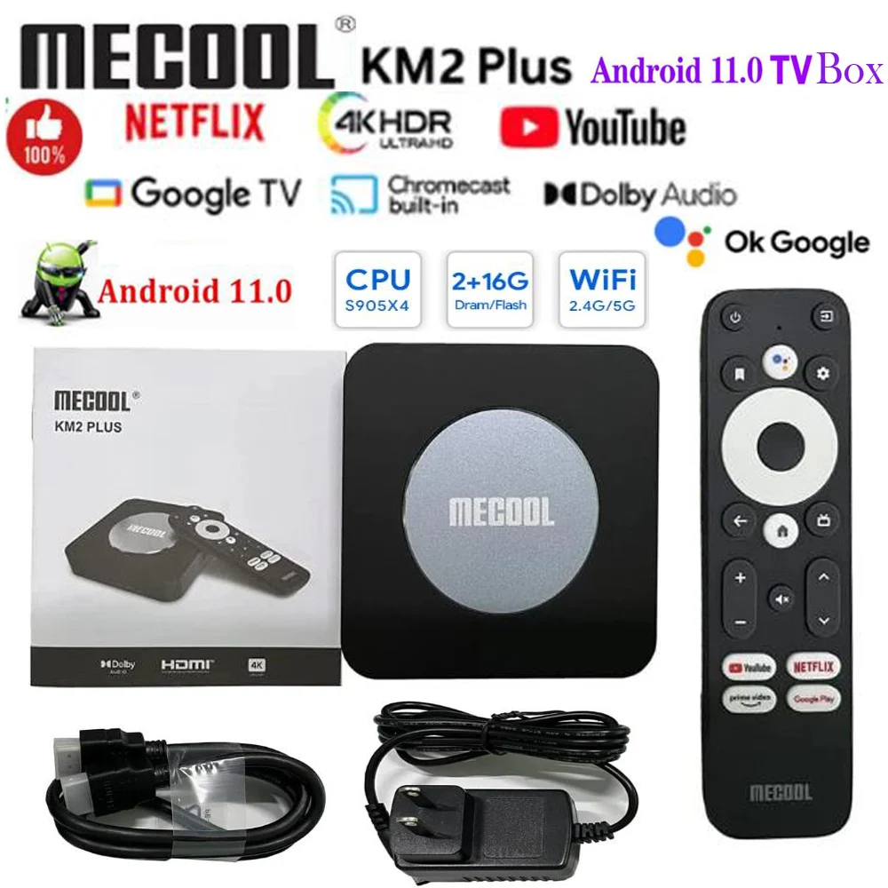 [Originale] Mecool Km2 Plus Android Tv Box S905X4 4K Google Netflix Certificato Usb3.0 Prime Video Multi Streamer Hdr10 Bt5 100M Lan