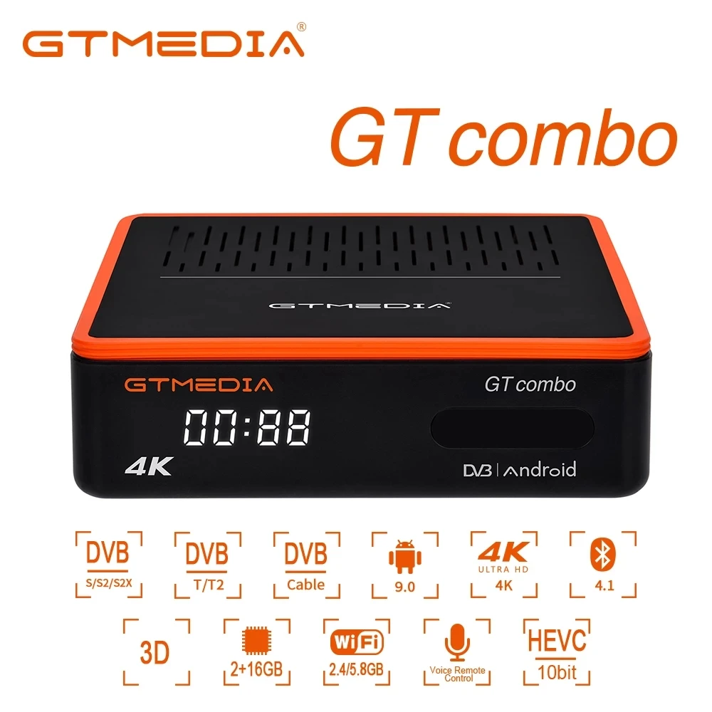 Gtmedia Gt Combo Android 9.0 2 Gb16Gb 4K Tv Box + Dvb-S2X/T2/C Ricevitore Tv Satellitare Supporto Powervu Auto Biss