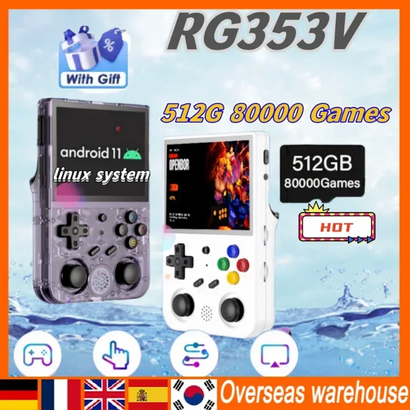 Rg353V Anbernic Retro Handheld Game Player Maniglia Android 11 Linux Os Hd 3.5 Pollici 640*480 Built-In 20 Simulator 512G 100000 Game