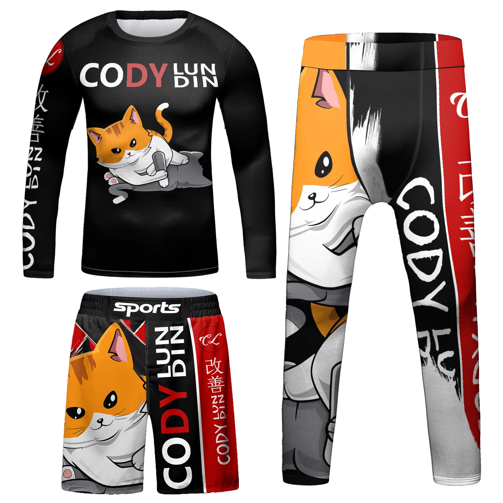 Cody Lundin Gym Compression Clothes Bambini Ragazzi Jiu Jitsu Mma Bjj Rash Guard Set Kids Training Tuta Battle Cat Print