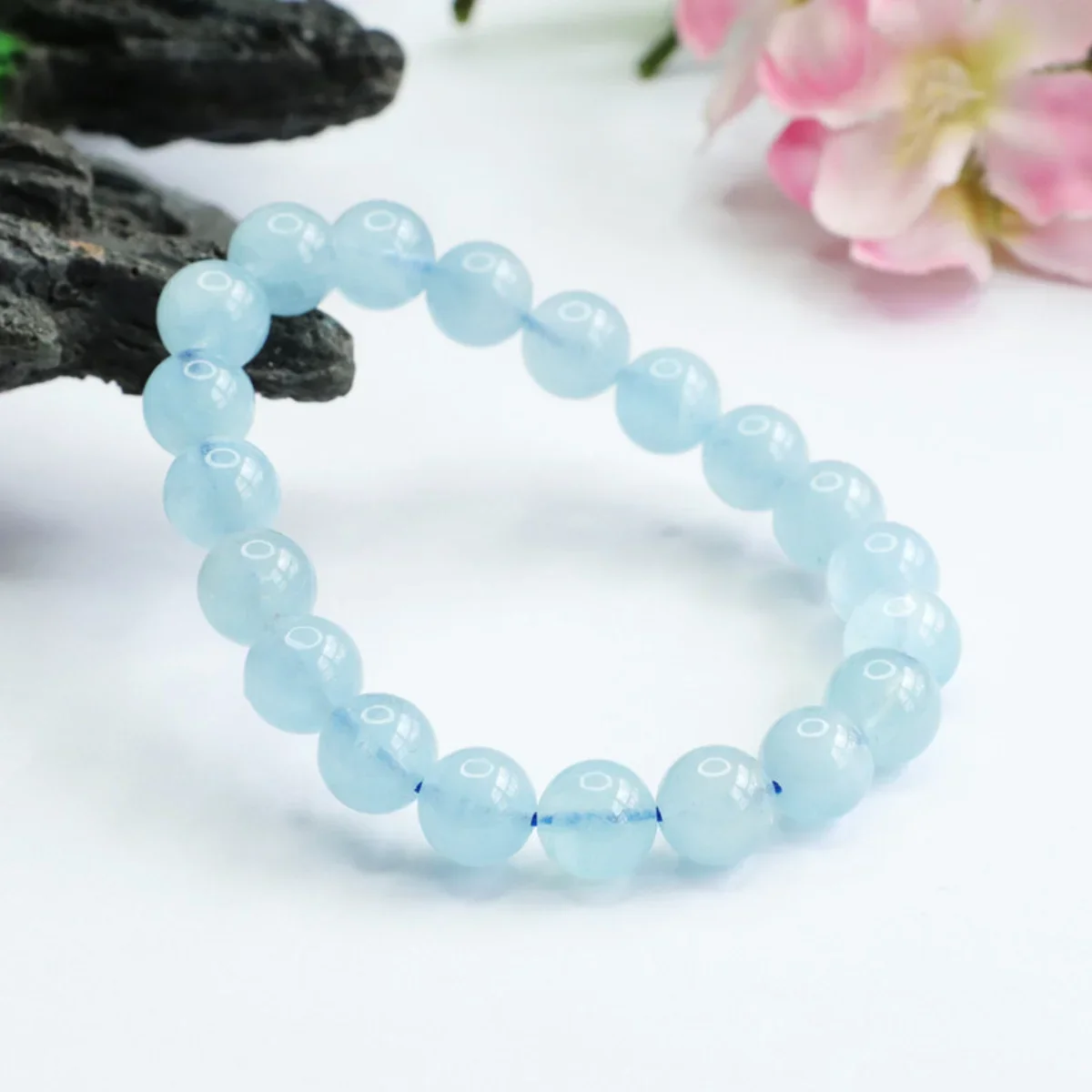 10Mm Round Sky Blue Acquamarine Calcedonio Bracciale Treasure Hand Strings Womens Elastic Jewellery Making Design Natural Stone