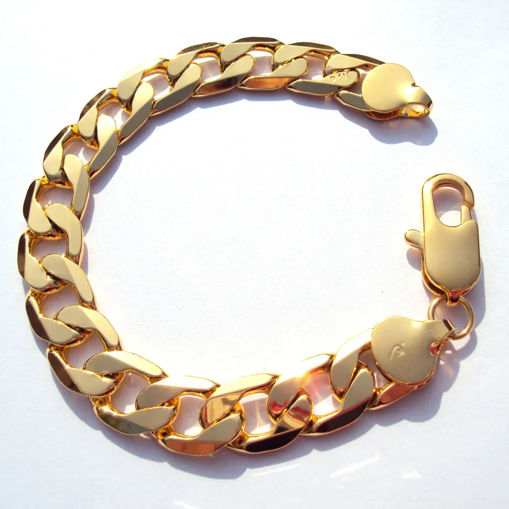 Mens Braccialetto Di 12 Millimetri Stamep 24 K Solid Gold Finitura Di Qualità Premium Curb Cuban Link Catena Fine