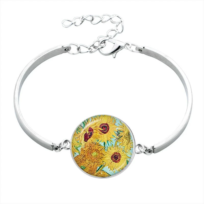2022 New Retro Van Gogh Starry Sky Sunflower Works Glass Cabochon Metal Bracelet Women Gift Jewelry