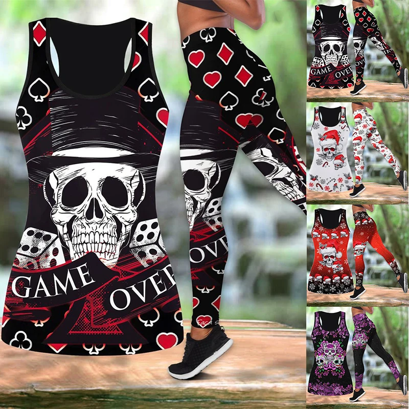 New Summer Women Love And Skull 3D Print Hollow Out Tank Top Vest High Waist Legging Casual Sport Yoga Suit Xs-8Xl