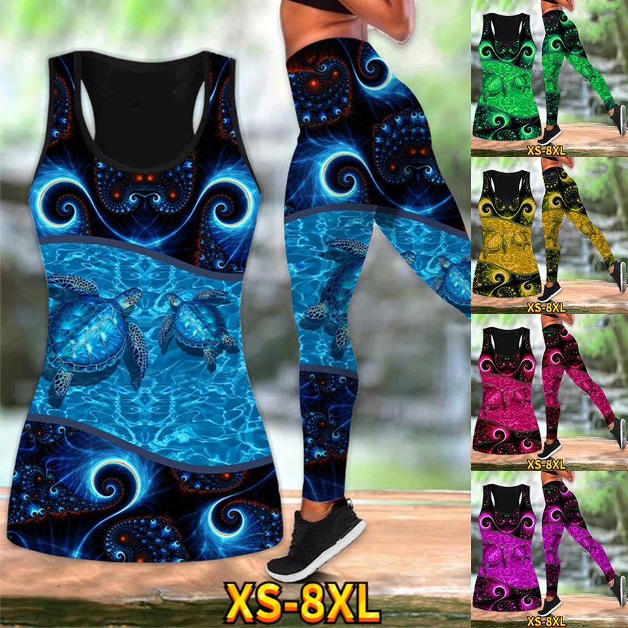 Ocean Print Summer Women Vest Set Mountain Running Gym Workout Yoga Pants Sexy Butt Sculpting Xs-8Xl