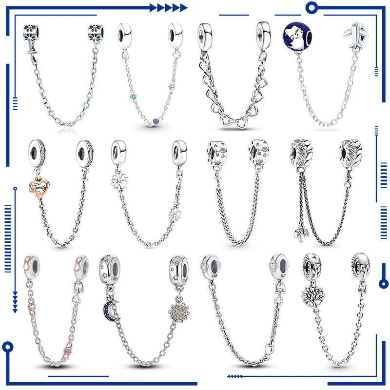 Vendita Calda 925 Sterling Silver 18 Modelli Zircone Catena Di Sicurezza Charms Bead Adatto Originale Bracciali Pandora Charm Ciondola Gioielli Fai Da