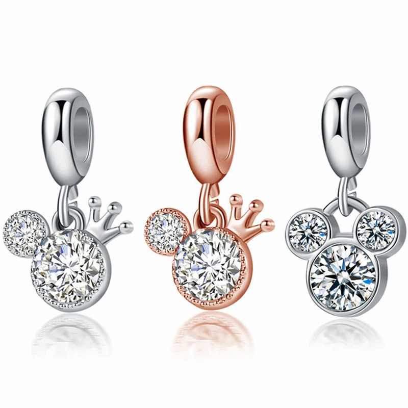 Fit Pandora Rose Gold Crown Mickey Mouse Charm Bracciale Donna Clear Crystal Disney Minnie Pendant Per Accessori Per La Creazione Di Gioielli