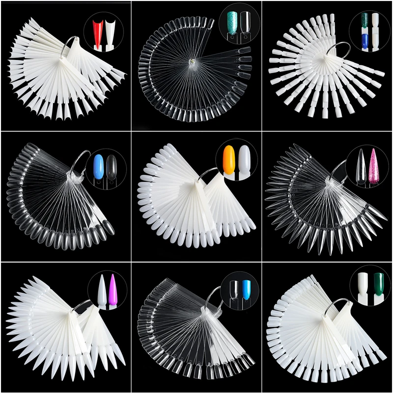 50Pcs Nature Clear Acrilico False Nail Art Display Tips Fan Style Nail Swatch Polish Stand Pratica Manicure Accessori Strumento