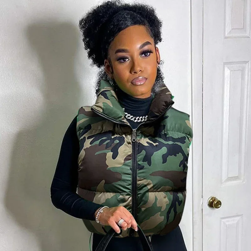 Xxl Camouflage Puffer Giacche Gilet Donna Senza Maniche Camo Bubble Cappotti Parka Down Coulisse Vita Alta Gilet Cotone Crop Parka