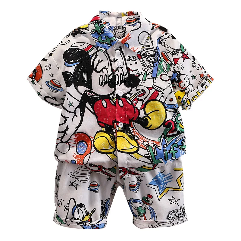 Summer Kids Mickey Mouse T-Shirt Sets Clothes For Boys Girls Fashion Graffiti Turn-Down Shirts And Pants Suits Clothing