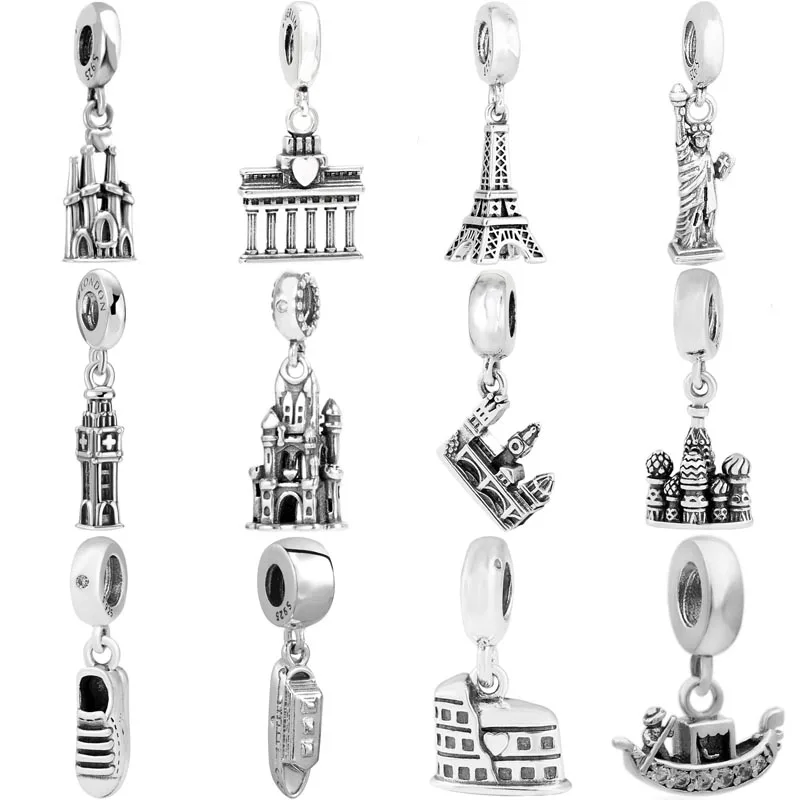 925 Sterling Silver Roman Colosseum Venice Gondola Torre Eiffel London Big Ben Ciondolo Charm Fit Europe Bracciale Gioielli Regalo