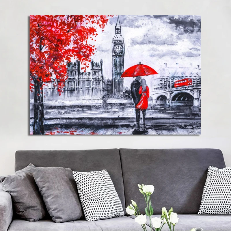 Modern Abstarct Landscape Pittura A Olio Su Tela Poster Stampe Wall Art Painting Lovers And Big Ben In London Decor Pictures