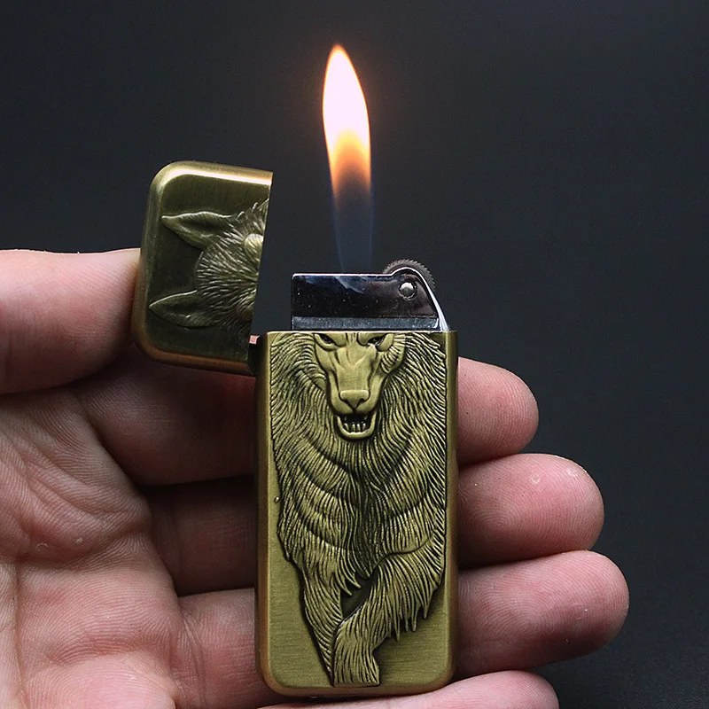 Rilievi Wolf Fluido Para Isqueiro Cool Gas Bricchetto Classico Alla Moda Ultra Sottile Accendino Portatile Gadget Di Avviamento Per Uomo
