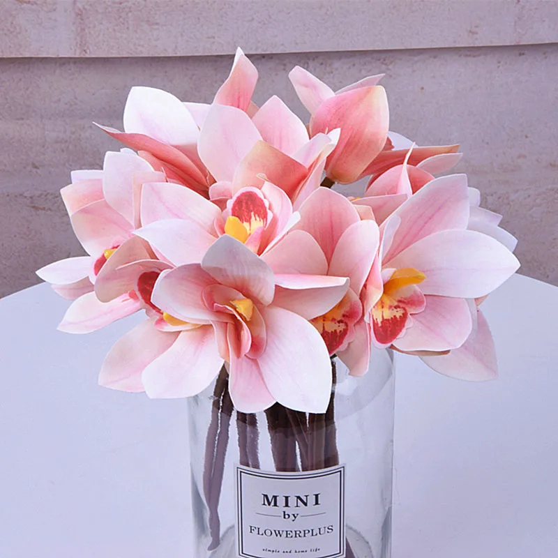 4Heads Artificial Flowers Cymbidium Bouquet Real Touch Wedding Decoration Bouquet Party Silk Fake Flower For Home Decor