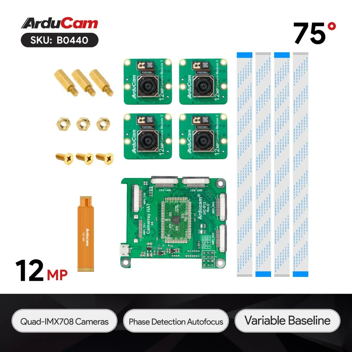 Modulo Fotocamera Arducam 3 Stereo Sincronizzato 12Mp * 4 Imx708 Kit Quad-Camera Per Raspberry Pi