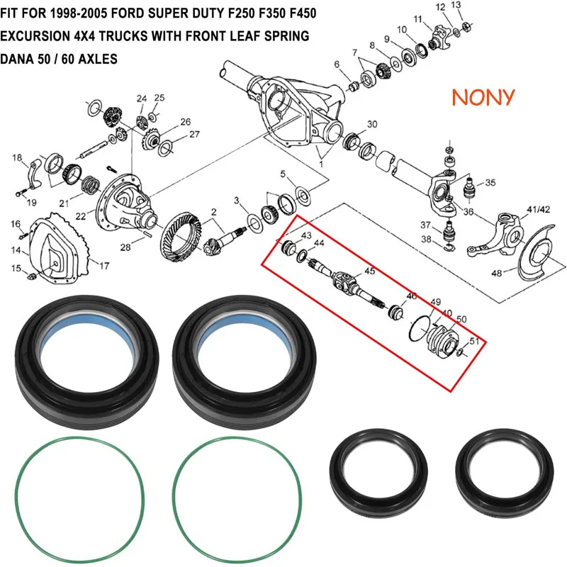 Kit Guarnizioni Assale Anteriore E Tubo Uny Vaccum Knuckle Adatto Per Ford Super Duty F250 - F450 Dana 50 60 E Ford Superduty 6 Pezzi