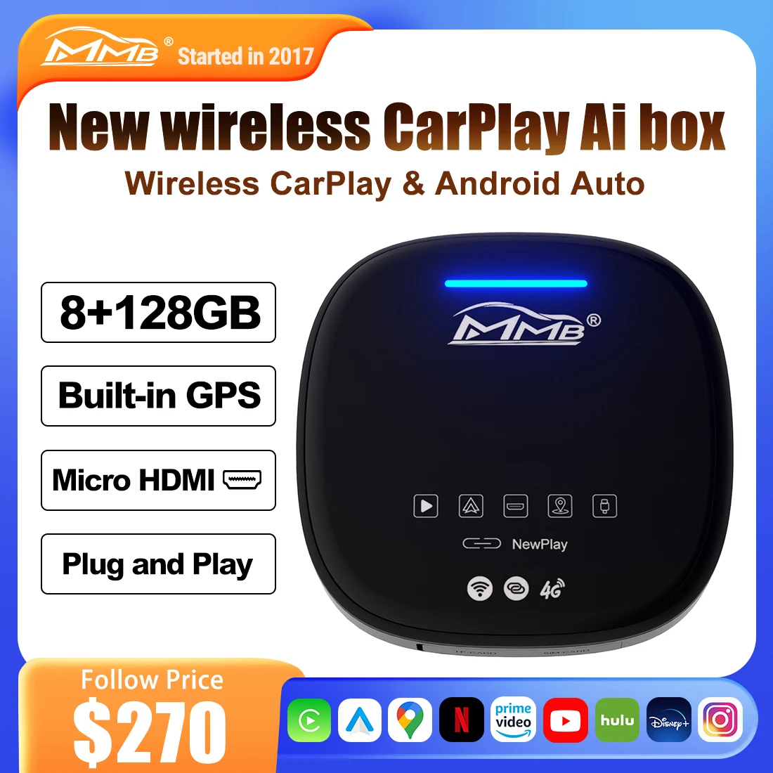 Mmb Max Android 10 Os 8Gb + 128Gb Wireless Android Auto Ai Box Wireless Apple Carplay Adapter Youtube Netflix Con Hdmi Per Toyota