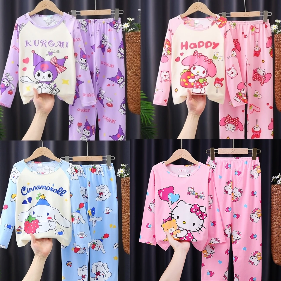 Lovely Sanrio Children Pigiama Set Kawaii Cartoon Kuromi Cinnamoroll My Melody Hallo Kitty Anime Cute Sleepwear Thin Suit Gifts