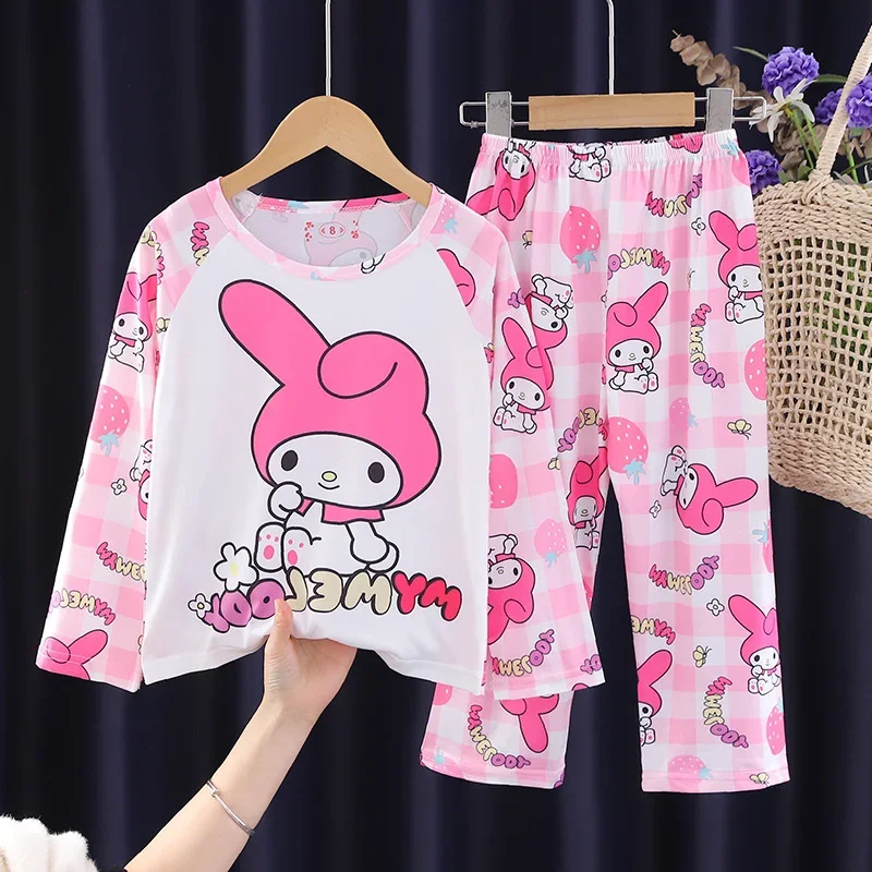 Lovely Sanrio Children Pigiama Set Kawaii Cartoon Kuromi Cinnamoroll My Melody Hallo Kitty Anime Cute Sleepwear Thin Suit Gifts