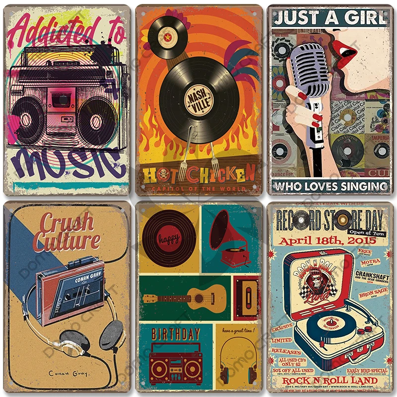 Retro Music Poster Metal Tin Signs Music Cd Radio Guitar Singer Vintage Metal Plate Wall Decor Music Party Bar Club Living Room