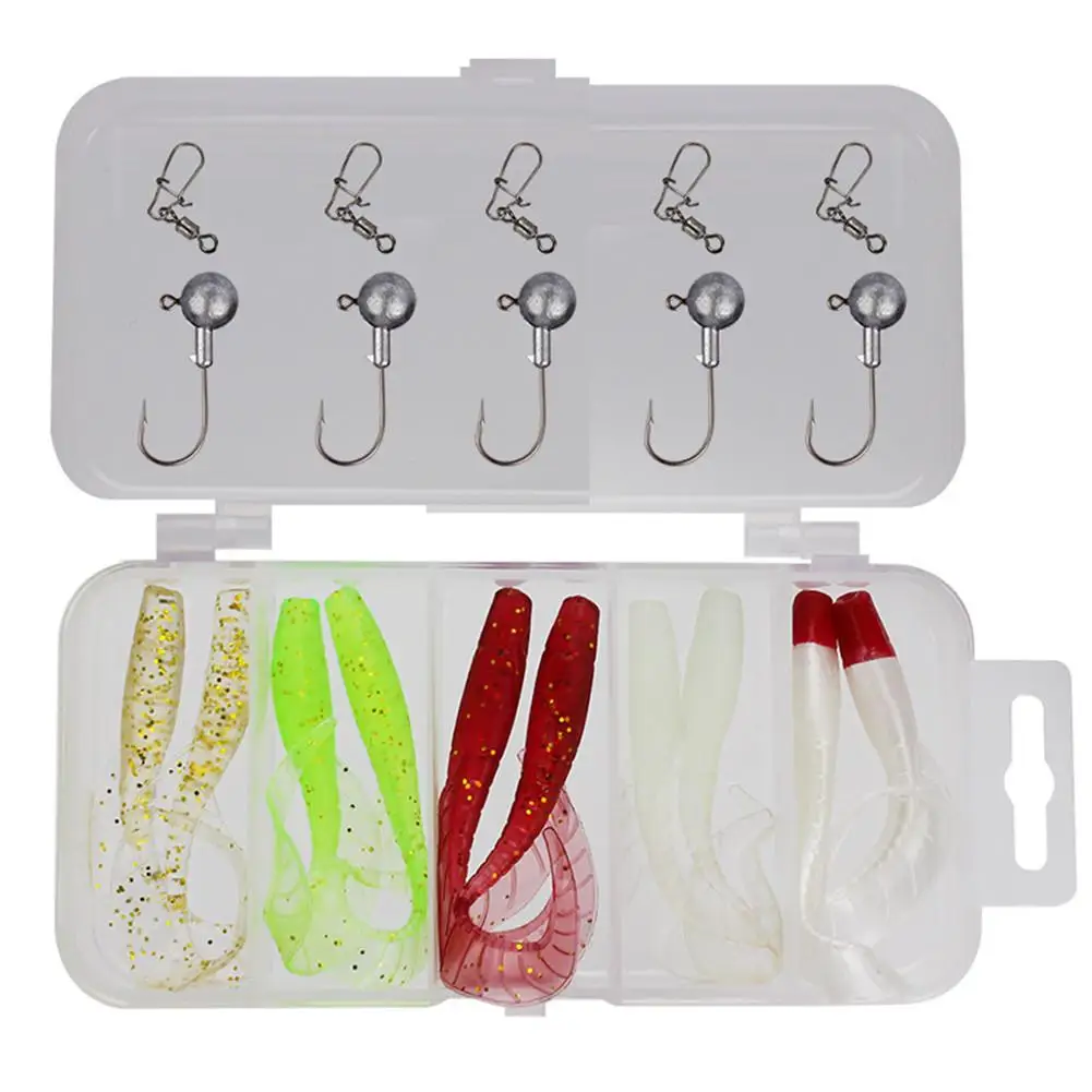 20Pcs Soft Fishing Lure Set Silicone Snake Eel Baits Con Jig Head Fishhook Offset Ganci Worm Carp Fishing Tackle Kit