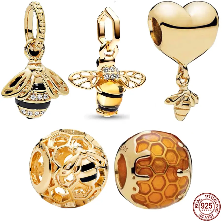 Golden Series Bee Pendant Honeycomb Queen Bee 925 Sterling Silver Fit Original Pandora Bracciale Charm Bead Regalo Di Gioielli Fai Da Te