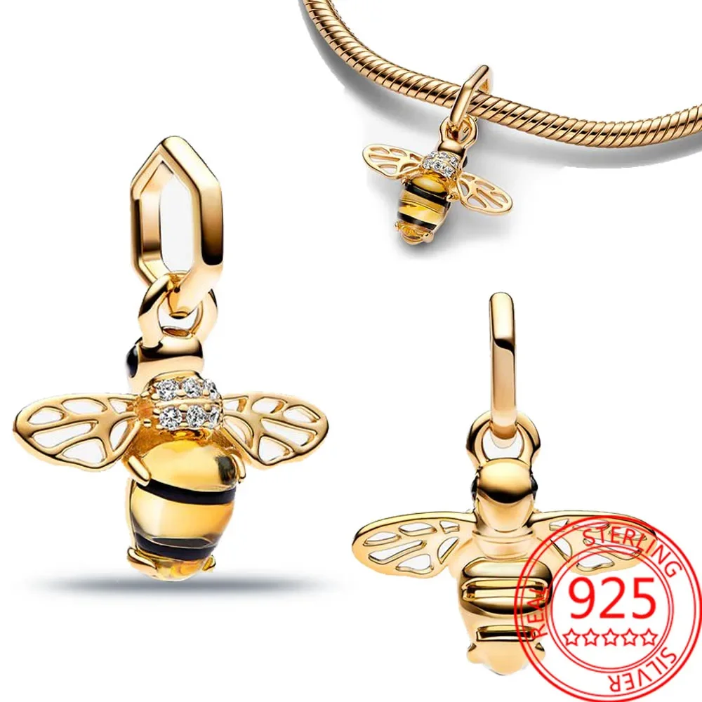 Romantico 925 Sterling Silver 14K Gold Sparkling Bee Ciondola Charm Fit Pandora Bracciale E Collana Gioielli Per Feste Di Matrimonio Ragazza Fai Da Te