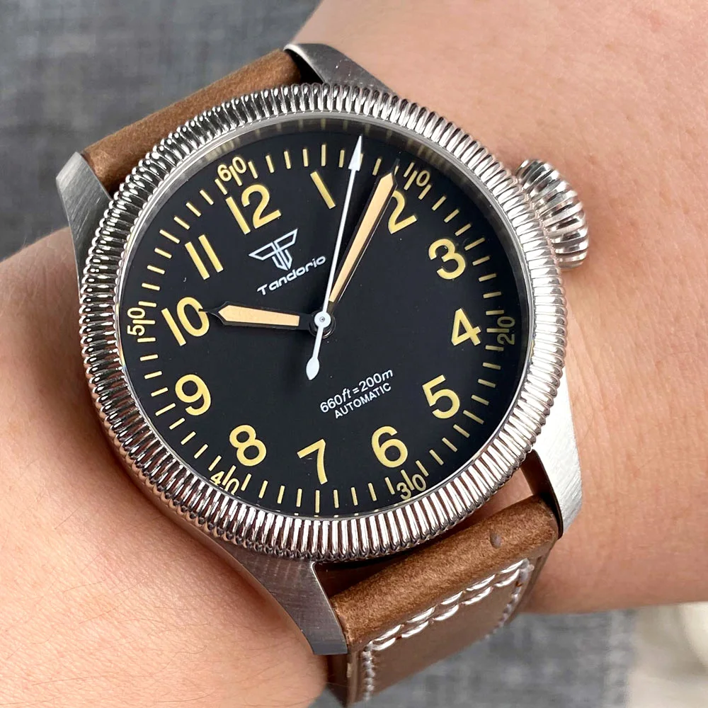 20Atm Diving 39Mm Tandorio Japan Nh35A Pt5000 Movimento Automatico Vintage Big Crown Vetro Zaffiro Orologi Da Uomo In Pelle Luminosa