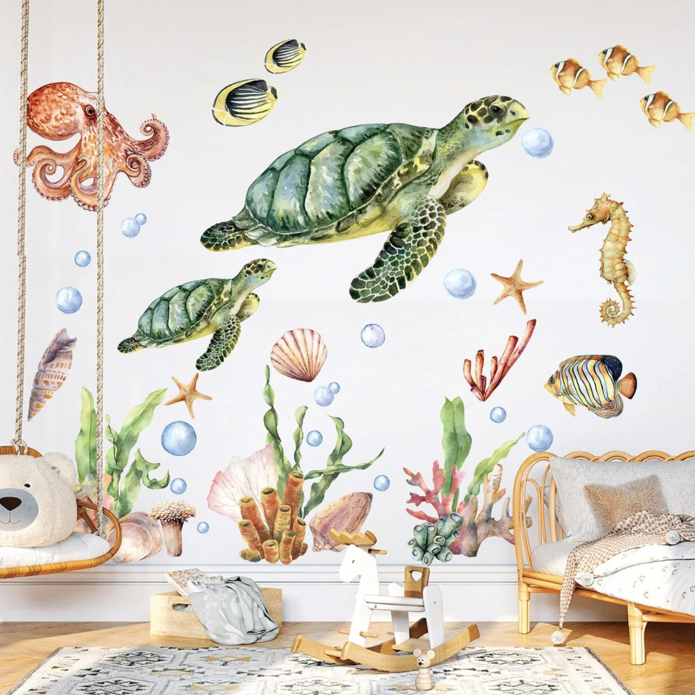 Acquerello Tartaruga Polpo Wall Sticker Nursery Kids Room Sea World Ocean Coral Sea Horse Wall Decal Camera Da Letto Living Room Decor