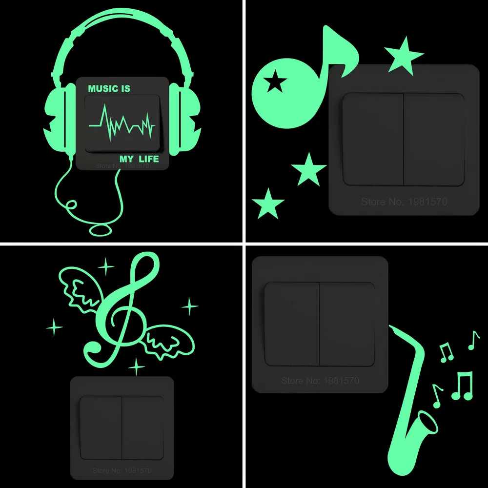 Glow Music Stickers Kids Room Wall Switch Decorazione Del Frigorifero Decalcomania Di Arte Musicale: Violino/Pianoforte/Sassofono/Trombone/Clarinetto/