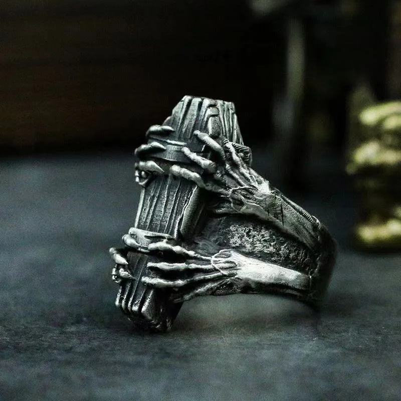Vintage Coffin Ghost Claw Vampire Ring Devil Made Old Opening Gioielli Creativi Neutri Regolabili
