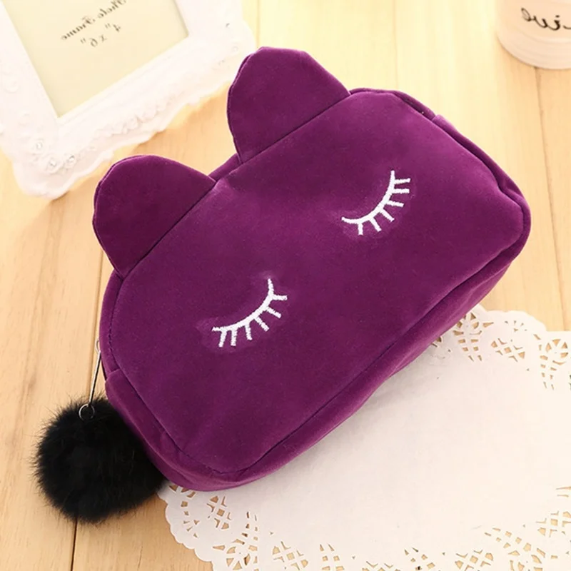 Fashion Cute Cartoon Velvet Cat Pencilcase Pen Pouch Stationery Purse Pencil Case Women Cosmetics Storage Handbag Girl Wallet