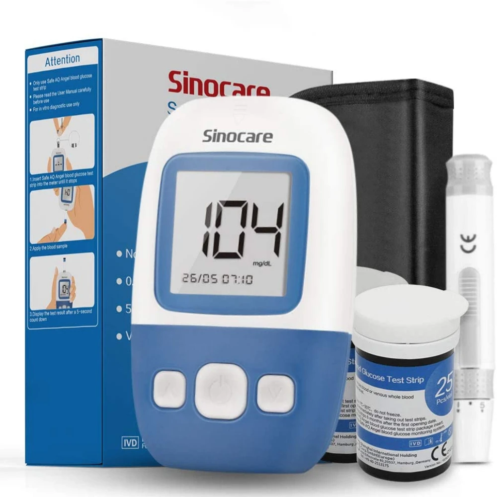 Sinocare Aq Angel Blood Glucometro Kit Con Strisce Reattive Aghi Test Accurato Per Il Glucometro Del Diabete Misuratore Di Zucchero Nel Sangue