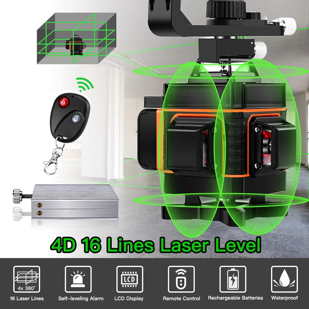 Livello Del Laser 16 Linee Linea Verde 4D Self-Leveling 360 Orizzontale E Verticale Super Potente Livello Del Laser Verde Fascio Livello Del Laser