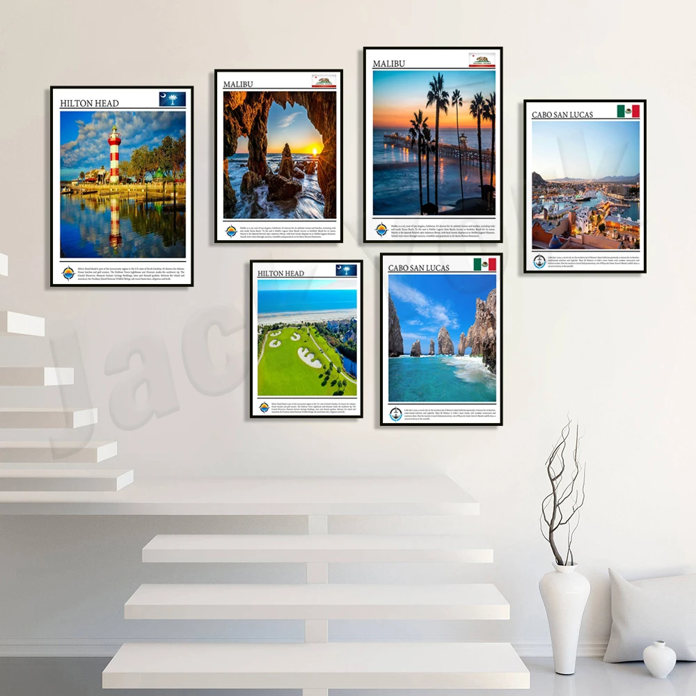 Laguna Beach California, Malibu Beach, Lake Tahoe, Cabo San Lucas Messico, Hilton Head South Carolina Vacation Travel Poster
