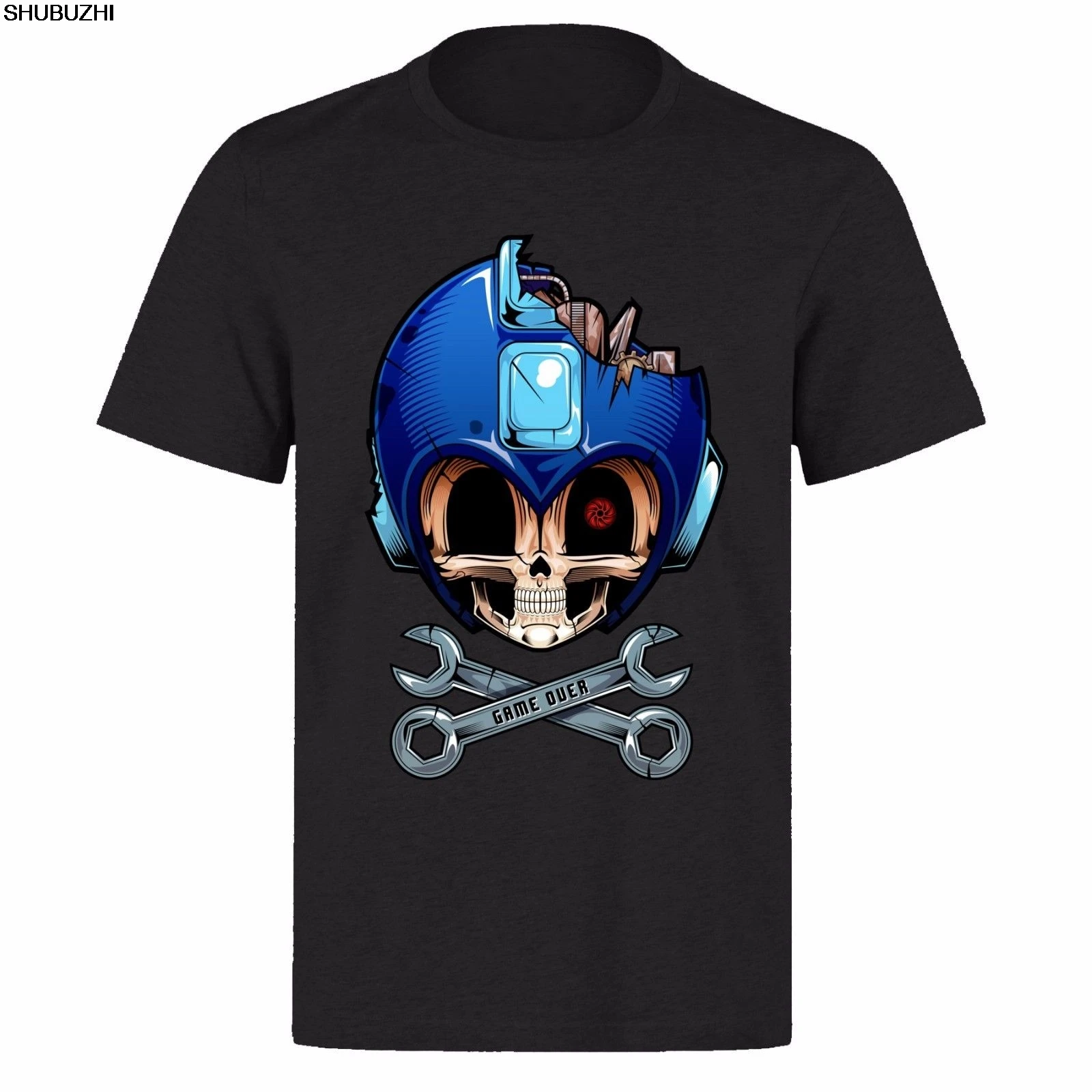 Megaman Blue Skull Face Game Over Unisex Black Classic Gamer Ph14 T-Shirt