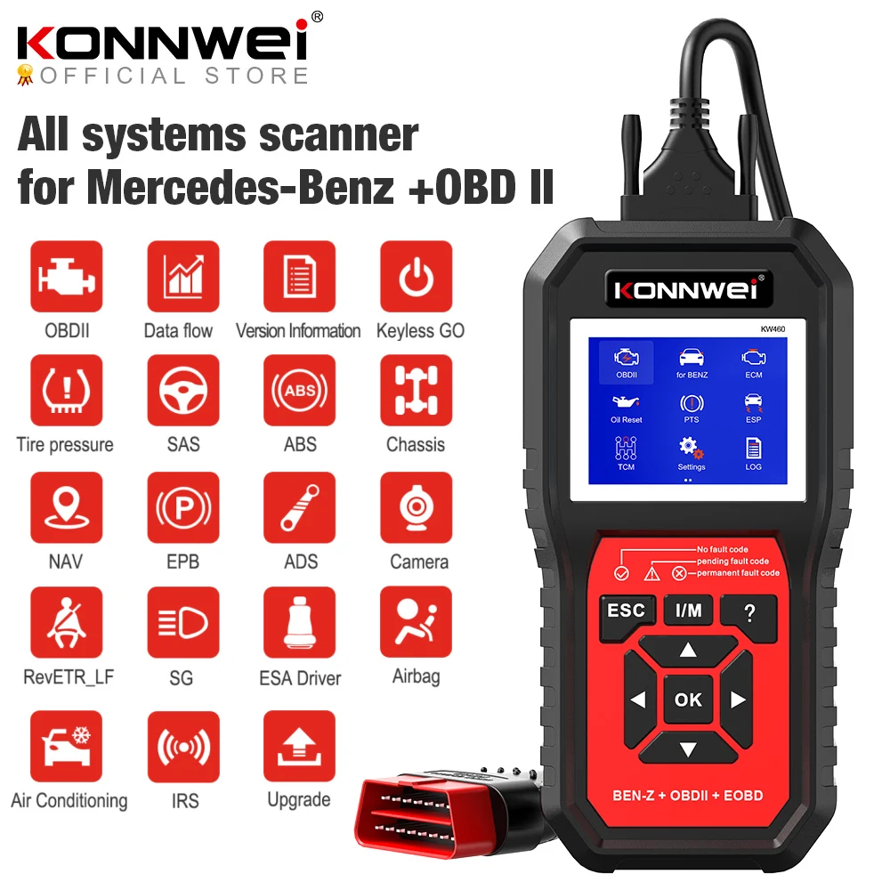 Konnwei Kw460 Scanner Obd2 Per Mercedes-Benz Abs Airbag Oil Abs Epb Dpf Srs Tpms Reset Sistemi Completi Strumento Diagnostico W212 Benz