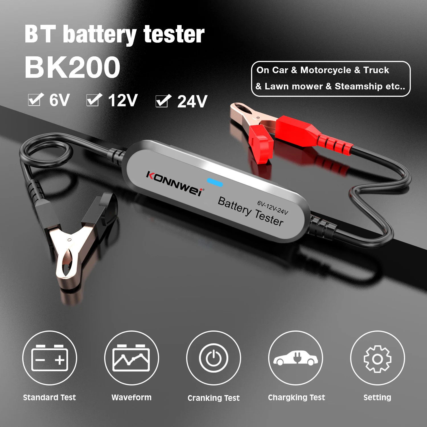 Konnwei Bk200 Battery Tester 6V 12V 24V Auto Car Battery Tool Bluetooth 5.0 Moto Truck Analyzer Strumenti Diagnostici 2000Cca