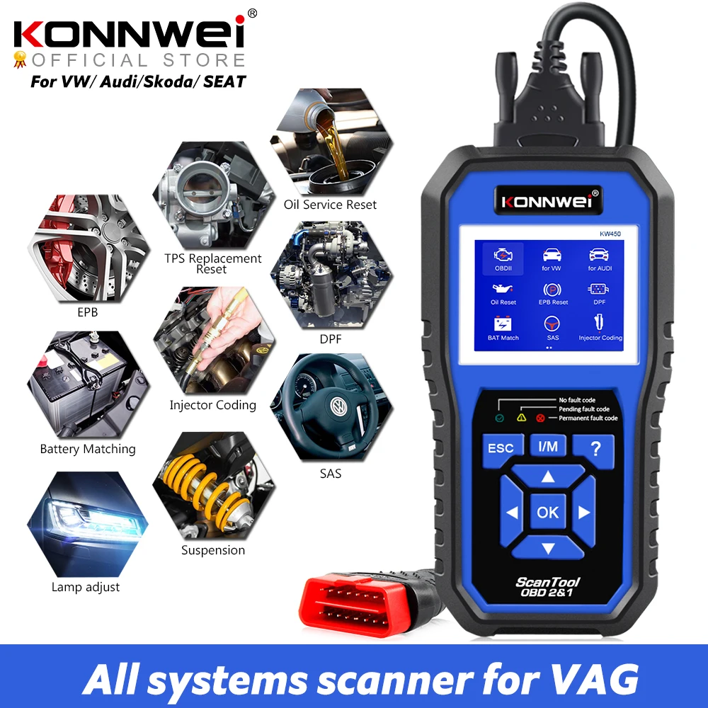 Konnwei Kw450 Lettore Di Codici Scanner Obdii Lettore Di Guasti Motore Cancella/Ripristina Codici Di Errore Scanner Diagnostico Per Vw A-Udi Skoda